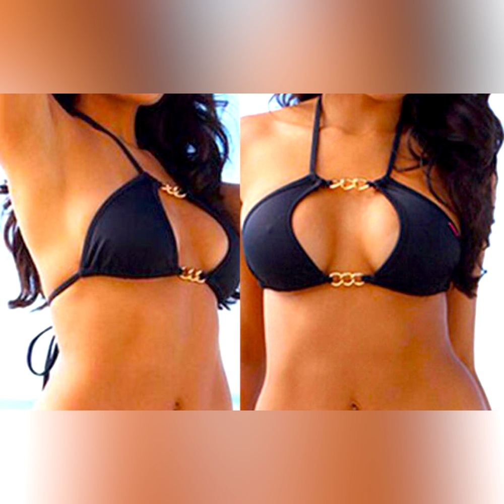 Black Bikini Top with Gold Chains Center Cut Out String Tie Sexy Swim